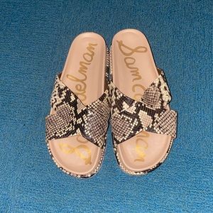 Sam Edelman Snake Print Slide Sandals in Black and Cream